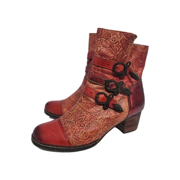 L'artiste Spring Step Elsie Red Leather Boots Boho Chunky Heel Womens 39 / 8.5US - Picture 1 of 11